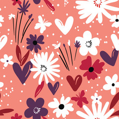 Seamless floral pattern based on traditional folk art ornaments. Colorful flowers on color background. Scandinavian style. Sweden nordic style. Vector illustration. Simple minimalistic pattern