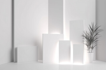 Beautiful bright background for product placement or presentation with decorative white panels and minimalistic style. Abstract interior with copy space. Generated AI