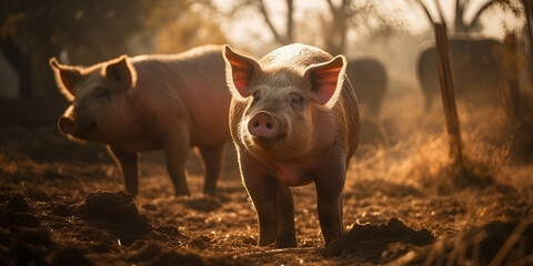 Little piglets close-up, pigs roam free and around the farm. Welfare and care of farm animals. Generative AI
