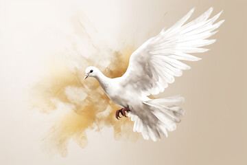 White flying dove or pigeon in colorful background. Symbol of love and peace. Generative AI