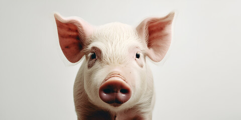 Fototapeta premium Little piglet close-up, agriculture theme. Pink pig. Horizontal shot. Generative Ai 