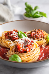 Vegetarian spaghetti Bolognese with Lentils in Tomato Sauce with Parmesan Cheese and Basil leaves. Healthy vegan food concept