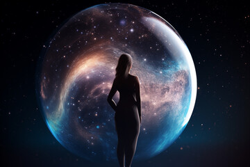 Fototapeta na wymiar State of mind, birth, meditation concept. Woman, sphere and space. Abstract pregnancy and new life interpretation. Generative AI