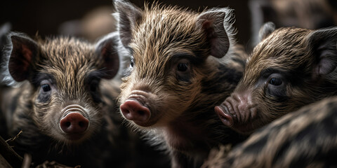 Little piglets of the mangalica breed close-up, pigs roam free and on the farm. Welfare and care for farm animals. Generative Ai
