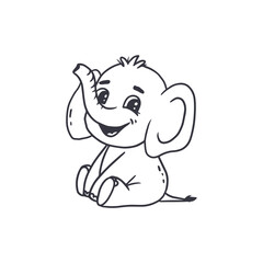 Cute cartoon baby elephant isolated on white background. Illustration for design of coloring book, cards. Doodle style. Vector illustration