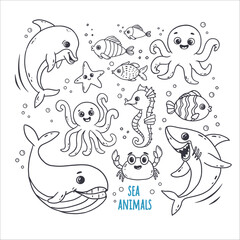 set of cute sea creatures and underwater animals, doodle. Whale, octopus,crab, fish,shark, dolphin in sketch style. Outline vector illustration