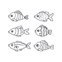 Set of fish icon.Underwater world.Fish sketch collection.Doodle. Hand drawn vector illustration.