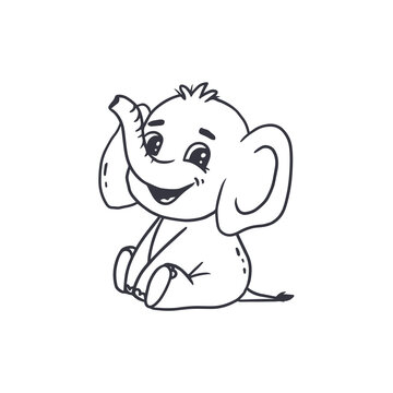 recommend clip art: Cute cartoon baby elephant isolated on white background. Illustration for design of coloring book, cards. Doodle style. Vector illustration