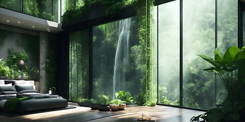 Illustration of a serene bedroom with a stunning waterfall as the backdrop created with Generative AI technology