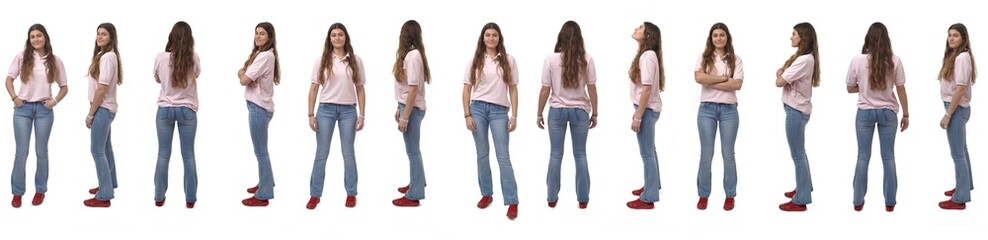 line of group of same young girl standing on white background © Curto