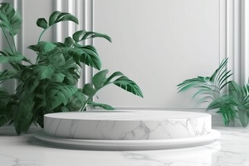 marble podium leaf platform space mock design up green color creative. Generative AI.