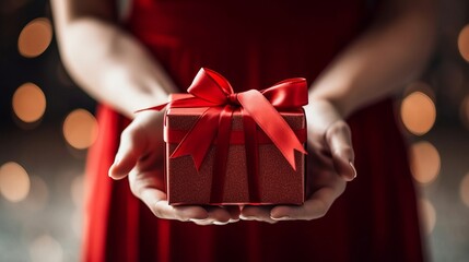 Cute gift box with a beautiful red ribbon in a female. Generative AI - obrazy, fototapety, plakaty