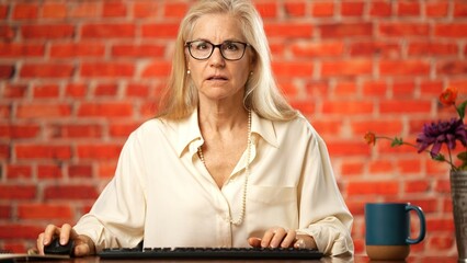 POV point of view of pretty middle age mature woman with poor eyesight, can not see computer monitor, puts on glasses and is happy being able to see laptop.