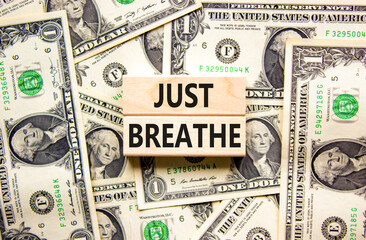 Just breathe and psychological symbol. Concept words Just breathe on beautiful wooden block. Beautiful background from dollar bills. Business psychological and Just breathe concept. Copy space