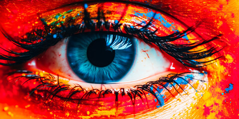 Model's eye with colorful artistic makeup, holly colors