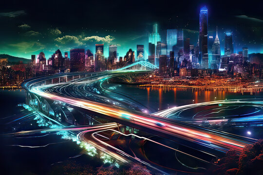 Night cityscape with fast moving cars and light trails. AI generative art
