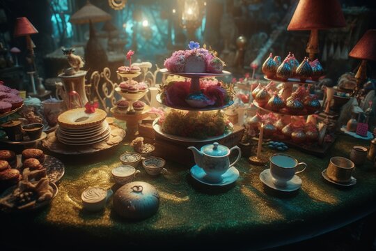 Story of the imagination Alice in Wonderland, White Herald rabbit, Cheshire Cat, fantastic forest landscape, mushrooms, ferns Looking Glass, Tea Party queen, playing cards. Generative AI