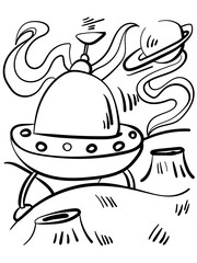UFO coloring page with a spaceship on the craters, for kids creativity on a space theme