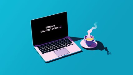 Stream starting soon overlay screen, animated infinite loop background. Cozy lo fi, chill hip hop atmosphere, laptop mug bg animation for social media, live streaming, broadcast, vtuber, twitch, obs.
