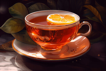 Cup of tea with lemon on dark background. 3d illustration. Generative ai