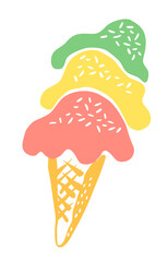Ice Cream in a waffle cone drawing hand painted with ink brush. Png clipart isolated on transparent background