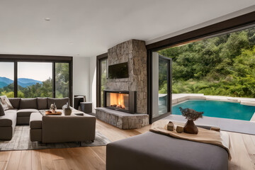 Modern living room with its open plan layout and expansive windows. Interior design. Generative AI