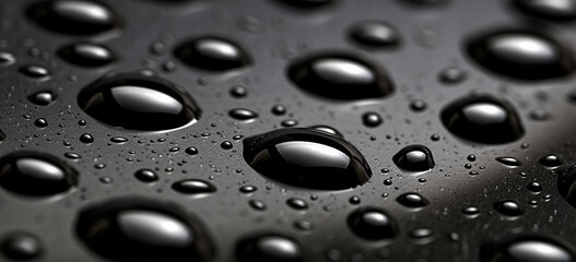 Water drops on a black leather surface. Close up water drops on black background. Abstract black wet texture with bubbles on plastic PVC surface or grunge. Realistic pure water droplets condensed.
