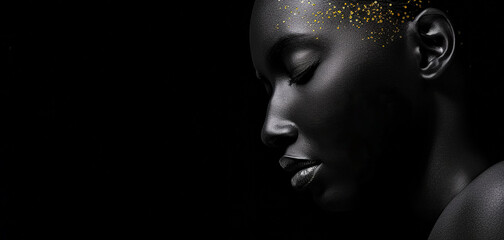 Fashion art. Beauty woman painted in black skin color body, gold makeup, lips, eyelids in gold color paint. Body art. Beauty gold metallic body, painted Skin. copy space, digital ai