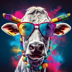 Vaca psicodélica con explosión de colores. Generative AI.