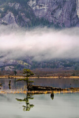 Fog lifts from Spit Estuary in Squamish, British Columbia