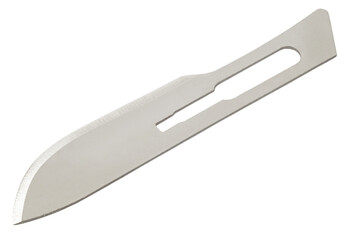 Replaceable blade of surgical scalpel, close-up, isolated on transparent background .