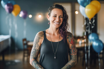 Woman with arm tattoos at her baby shower party before the guests arrive. Generative AI.