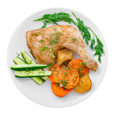 Fried chicken thigh with vegetables on white plate top view, isolated on transparent background .