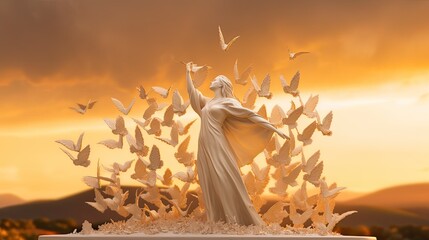 A gentle white plaster angel sculpture releasing a flock of doves into the sky, against a backdrop of a golden sunset and a horizon dotted with rolling hills, with negative space. Generative AI. 