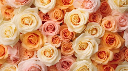 Soft and dreamy background of pastel pink and peach roses, arranged in a cascading pattern, with negative space. Generative AI. 