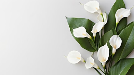 A sophisticated arrangement of white calla lilies and eucalyptus leaves, creating a minimalistic yet elegant design on a clean white background, with negative space for text. Generative AI. 