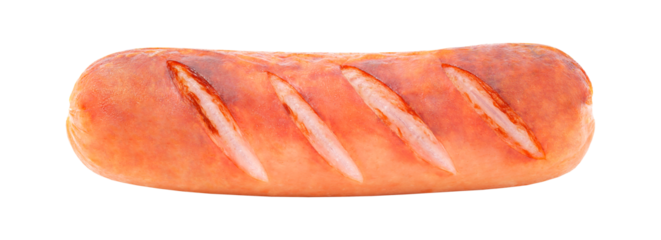 Grilled sausage with cuts, isolated on transparent background .