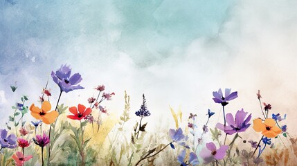 A whimsical and playful arrangement of colorful wildflowers, set against a textured watercolor backdrop, with negative space provided for branding or text. Generative AI. 