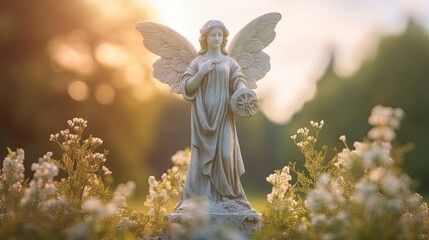 A white stone angel statue with arms outstretched in a protective gesture, standing on a pedestal adorned with intricate floral patterns, set against a background of a sunlit meadow. Generative AI. 