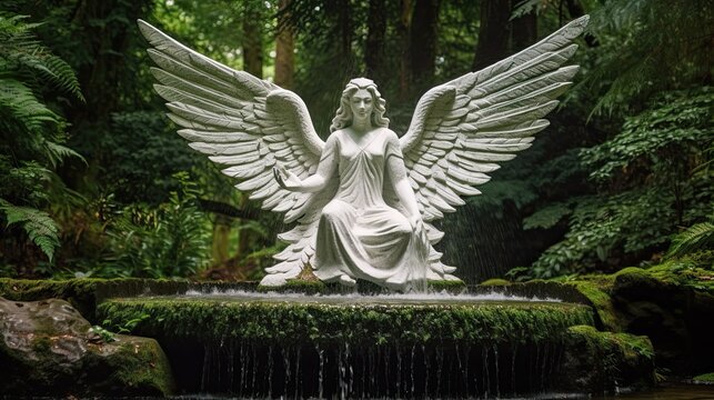 A white stone angel sculpture with a serene expression, releasing a cascading waterfall of sparkling water from its hands, set against a lush green forest backdrop. Generative AI. 