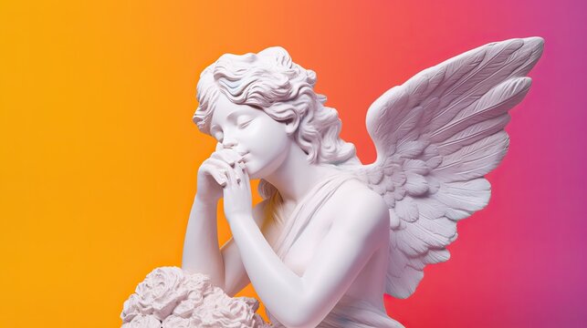 A white plaster angel sculpture blowing gentle kisses into the wind, set against a vibrant rainbow backdrop, with negative copy space. Generative AI. 