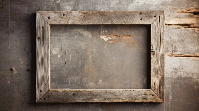 A rustic wooden frame with a weathered finish, placed against a textured beige background, exuding warmth and charm, while allowing for negative space. Generative AI. 