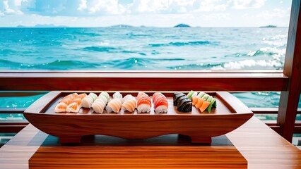 Japanese Dishes. Sushi Boat With a Beautiful View. Yummy Asian Food on Vacation. Generative AI