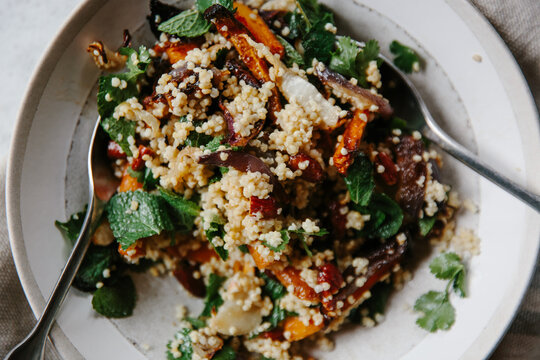 Roasted vegetable and millet salad, with herbs.