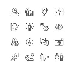 Set of business people and human resources related icons, office, management, collaboration, research, meeting, teamwork and linear variety vectors.