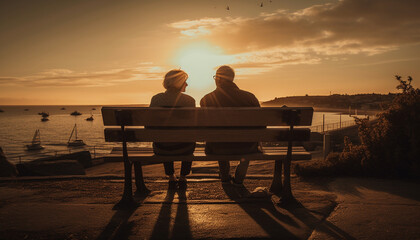 Romantic couple sitting on bench at sunset generated by AI
