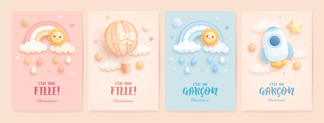 Set of baby shower invitation with cartoon rocket, hot air balloon and rainbow. French lettering. Translation from French It's a girl, it's a boy. Vector illustration