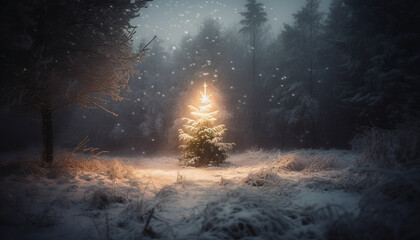 Frosty pine trees illuminate spooky winter night generated by AI