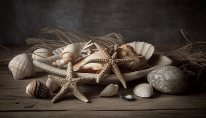 Fototapeta na wymiar Seashell collection decorates wooden table by the sea generated by AI