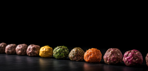 Various raw meat fresh meatballs in a row, culinary ingredient, black background isolate. AI generated.